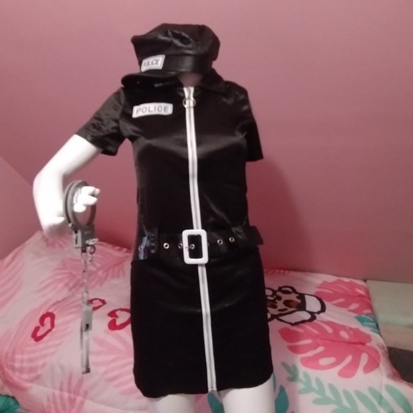 Satin Police Uniform (S) Costume - Cuffs, Keys, Belt, Hat, Dress incuded - Picture 1 of 9